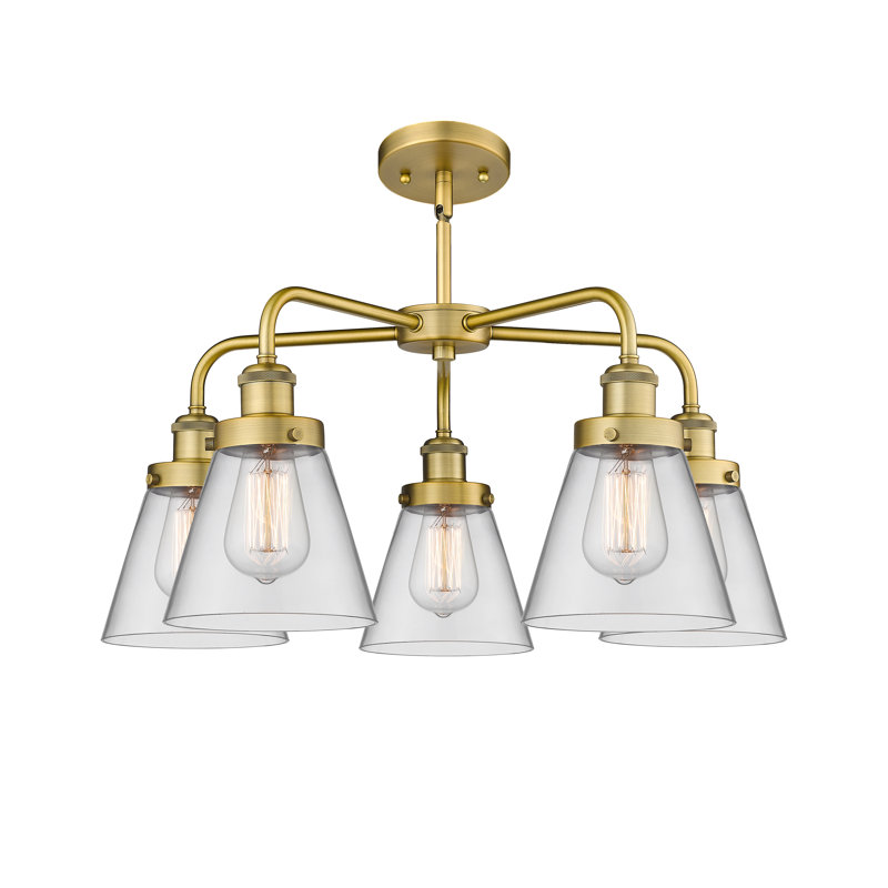 Cone 5 Light Stem Hung Chandelier, Clear, Brushed Brass