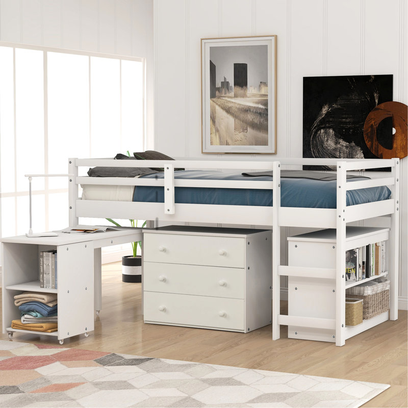 Lit mezzanine simple en pin massif blanc avec cabinet et bureau de rangement, White