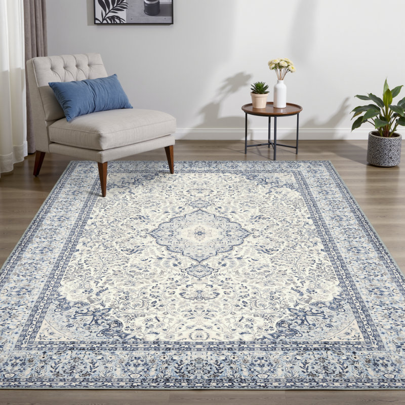4x6 Washable Rugs for Living Room, Vintage Floral Boho Light Blue Area Rug, Low Pile Non-Slip Carpet for Office Dining Room, Navy Blue and White Rug for Kids Room