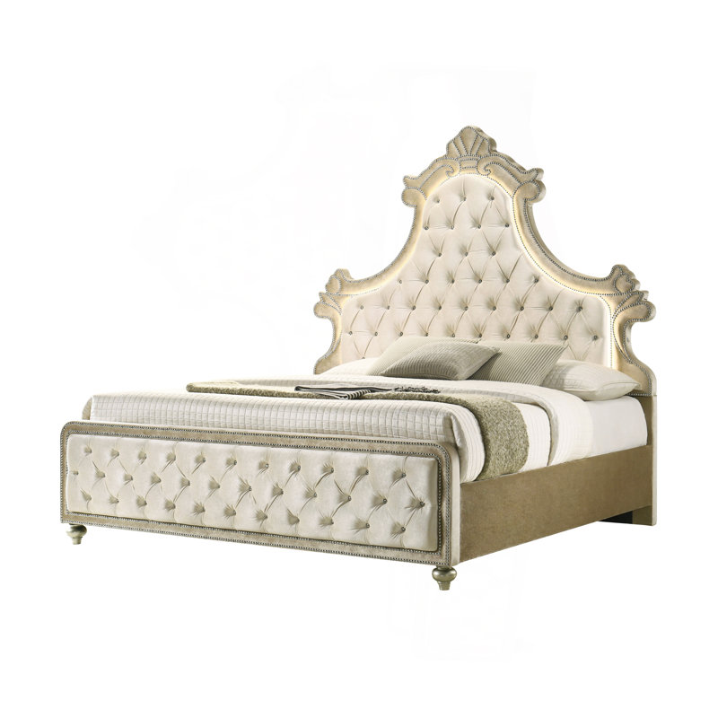 Lit Ek en velours beige avec DEL