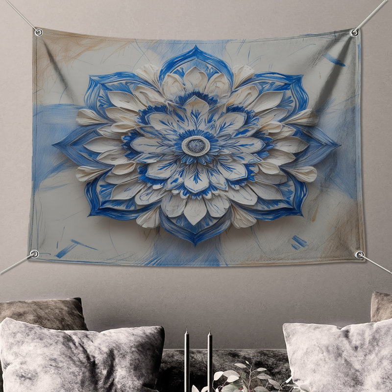 Tapisserie murale complexe complexe de mandala bleu et blanc, H 50 po x l 60 po avec 4 œillets