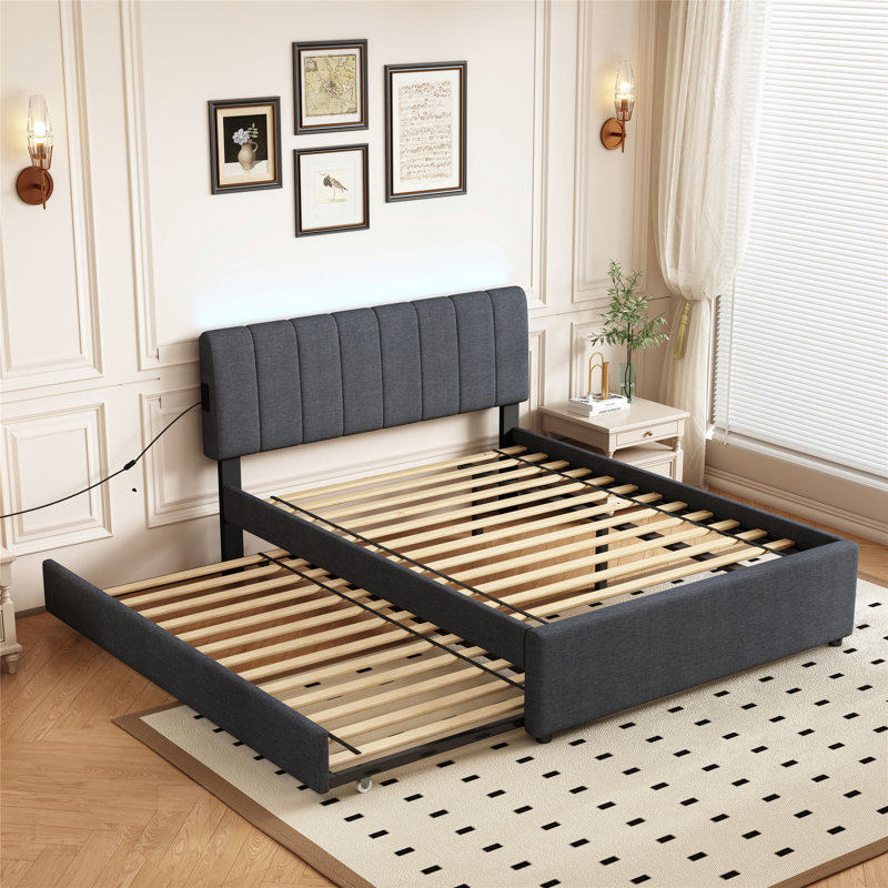 Lit plateforme tapissier pleine grandeur avec lit gigogne simple, ports USB et lumières DEL contrôlées par l'application, tissu en lin gris foncé