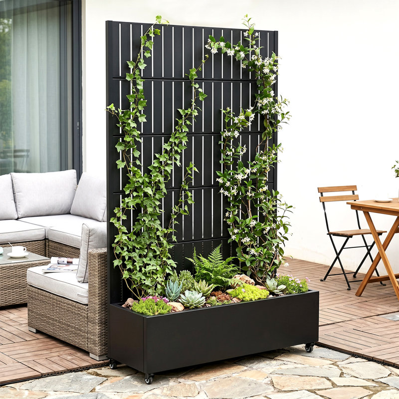 Metal Planter Box with Trellis with Wheels, 72" H x 47" W x 16" D, Black