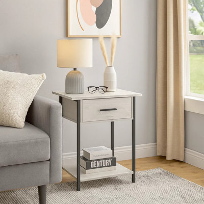 Table d'appoint, 2 niveaux, bout, lampe, salon, table d'appoint, tiroir de rangement, petit, métal stratifié crème, contemporain