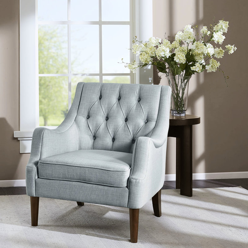 Mobilier d'appoint à boutons, pieds café foncés, fauteuil berçant transitionnel à revêtement bleu cendré, base en bois massif, tissu