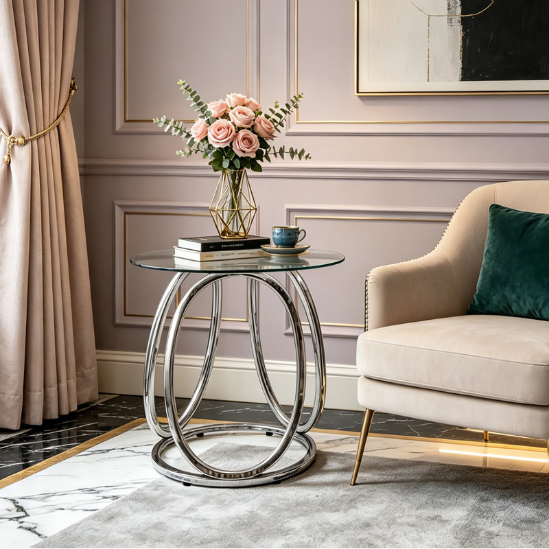 23.6" Round Glass End Table, Modern Style Tall Side Table for for Living Room, Balcony, Bedroom, Chrome