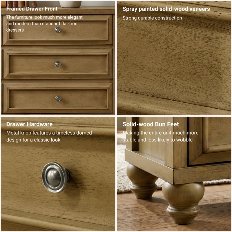 Caskey 54.8" W Solid Wood 6-Drawer Double Dresser, Antique Oak