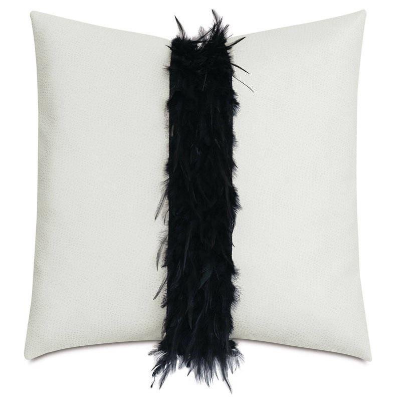 22" Square Off-White Faux Leather Pillow with Black Feather Trim