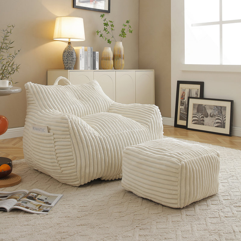 Fauteuil à billes en peluche avec accoudoirs et repose-pieds Giant, Beige