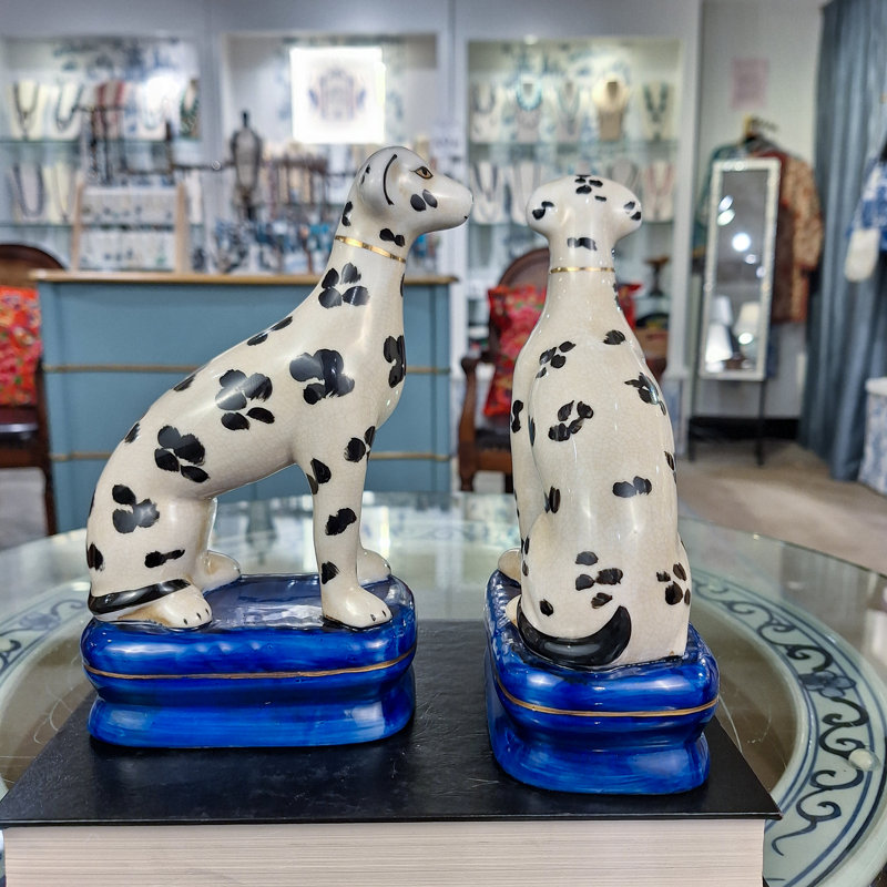 Porcelain Whippet Figurines – Teal Dots (Set of 2), Black/White/Blue/Brown