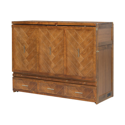Convertible Murphy Bed Cabinet, Wood Fold Out Bed with 3 Storage Drawer & Charging Port, Queen Size, Walnut