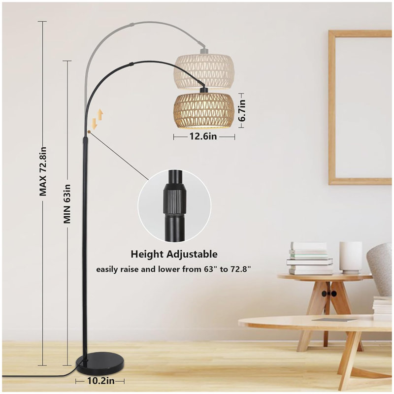 Arc Floor Lamps for Living Room with 3 Color Temperatures, Black Standing Lamp with Remote & Dimmable LED Bulb, Rattan Boho Floor Lamp, Farmhouse Tall Lamp for Bedroom, Over Couch Arched Reading Light