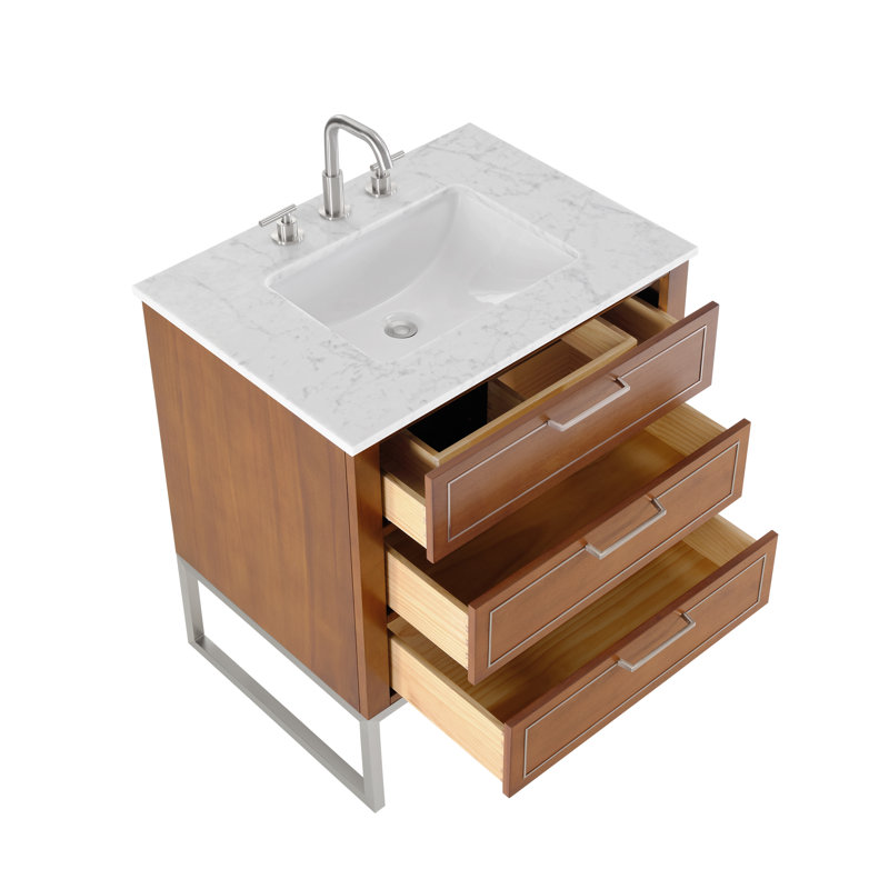 Markham 30'' W Single Vanity, Carrara Marble, Brushed Nickel, Walnut