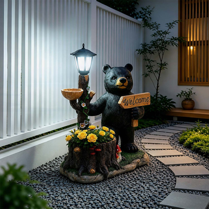 Decorative Standing Black Bear Garden Planter with Solar-Powered Lantern - Polyresin Figurine for Outdoor Decor