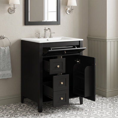 Ensemble de meuble-lavabo autoportant en MDF 24 po noir avec lavabo en céramique, poignées en métal, porte à fermeture en douceur, support de rangement