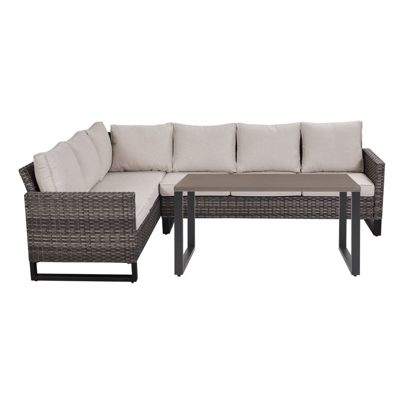 Ensemble de conversation modulaire d'extérieur en osier avec table basse rectangulaire 4 pièces Salome, Beige, Gris