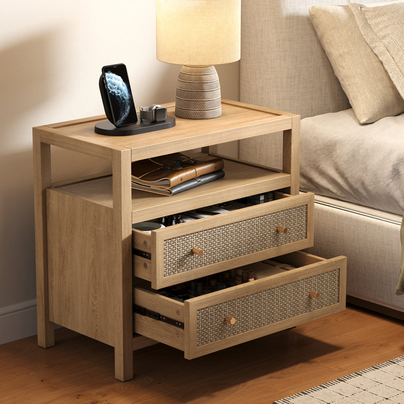 Rattan Nightstand With 2 Drawers,26''Farmhouse Bedside Table, oak, Individual