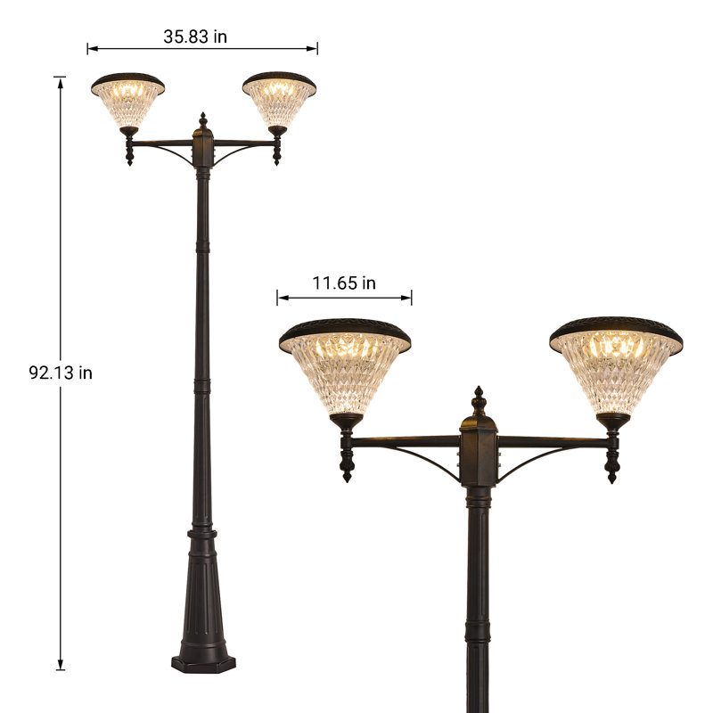 Lampadaire solaire d'extérieur à 2 têtes avec télécommande, lampadaire imperméable Dusk to Dawn pour jardin, allée, allée et jardin