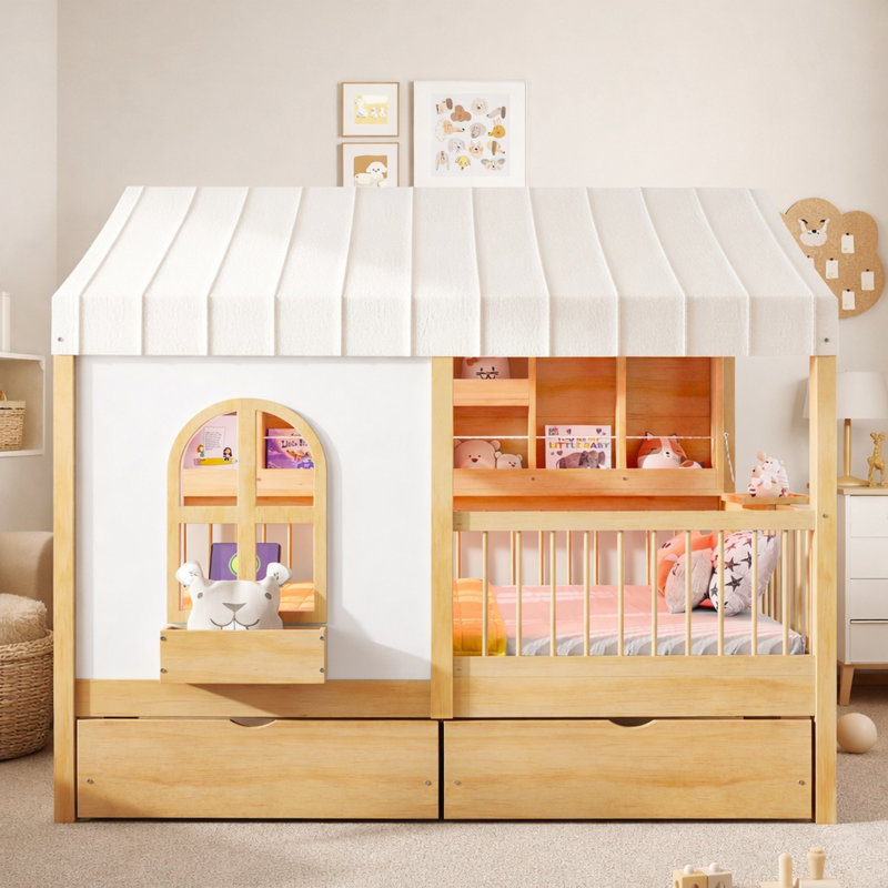 Full Size House Bed, Built-In Storage Drawers, Wood, Tent Canopy Roof, Modern Farmhouse, Kids Bedroom, Natural