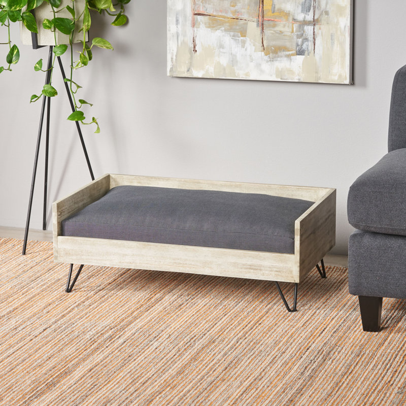  Lit pour chien moderne avec coussin, canapé pour animaux surélevé avec pieds en épingle à cheveux pour décoration de salon, gris foncé