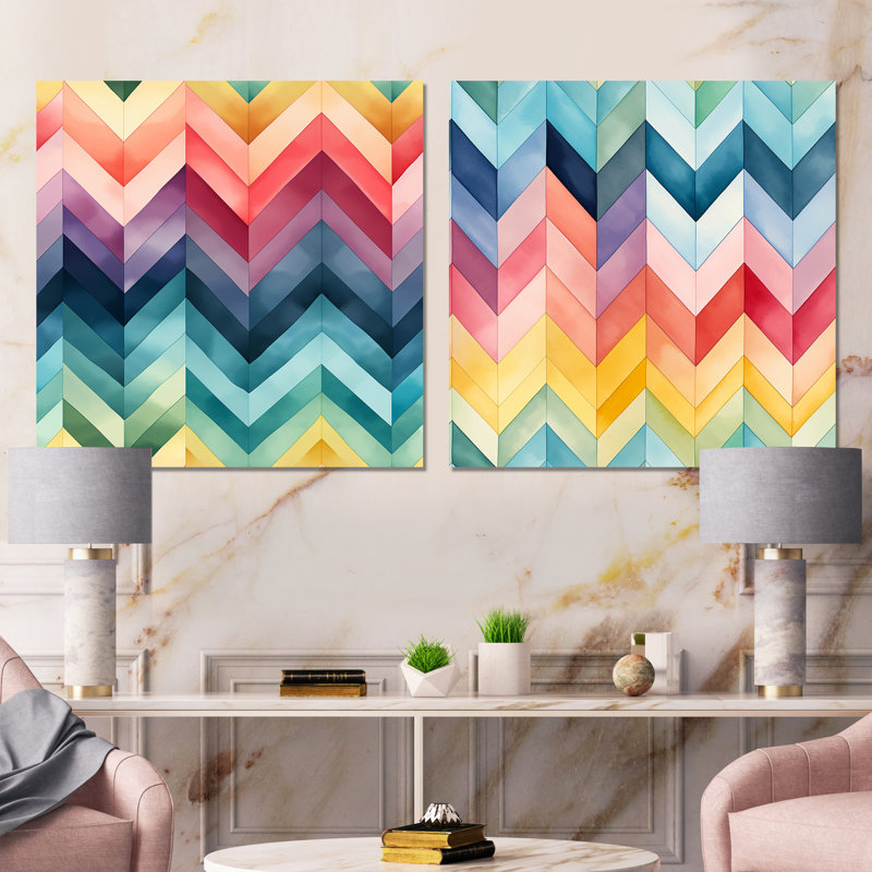 Watercolor Caprice Multicolor Chevron Pattern - Abstract Shapes Metal Art Print Square Set Of 2, 16" H x 32" W
