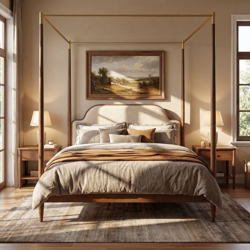 Easton Modern Fleece Upholstered 4-Post Canopy Bed Frame with Solid Wood Legs, Padded Headboard and Footboard, Queen