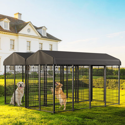 20FT Large Outdoor Dog Kennel With Waterproof UV-Resistant Roof, Pet Door, Secure Lock, Outside Heavy Duty Metal Dog Enclosure Cage