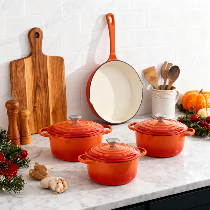 7 - Piece Cast Iron Cookware Set, Orange
