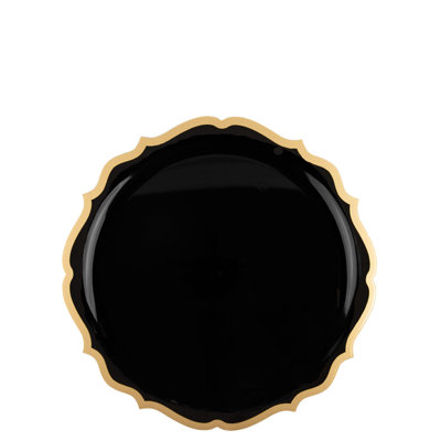 Assiettes rondes en plastique noires de 7,5 pouces avec bordure dorée Ecoqualité 80 personnes
