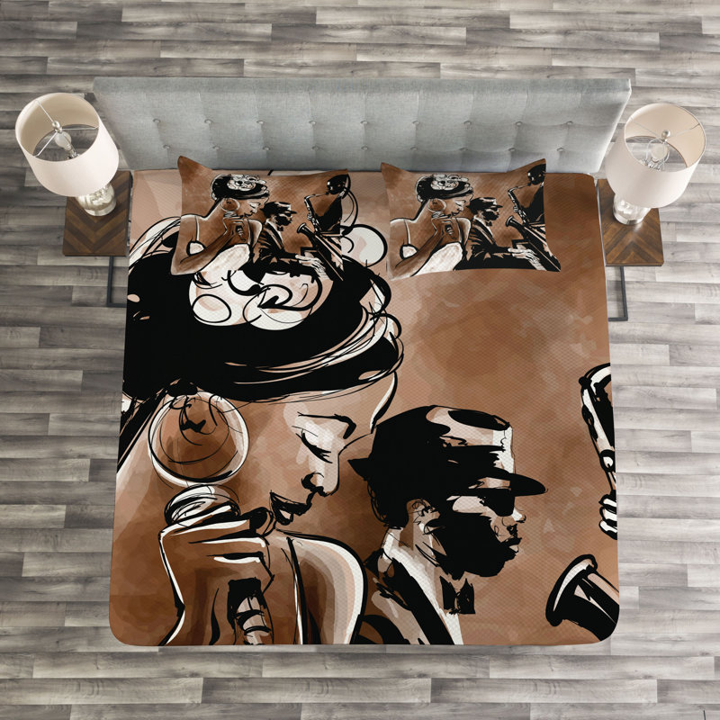 Musicians Singing Woman and Piano Saxophone Player Men Bedspread Set, 220 x 264 cm