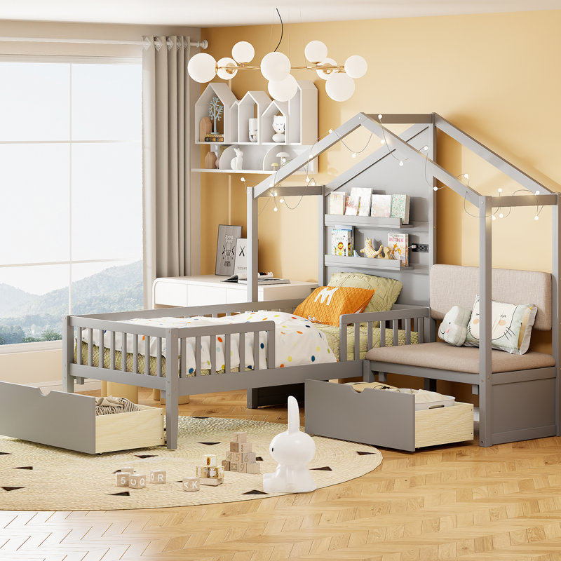 Twin House Bed In Grey, With Upholstered And State-Of--Art Charging Station, Wireless Charging, Practical Storage Facilities Grey , Modern Shelves Drawers For Organizing