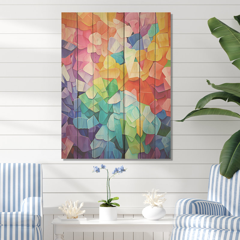«Blue and Pink Cubist Marine Exploration I» - corail sur bois, H 20 po x l 10 po