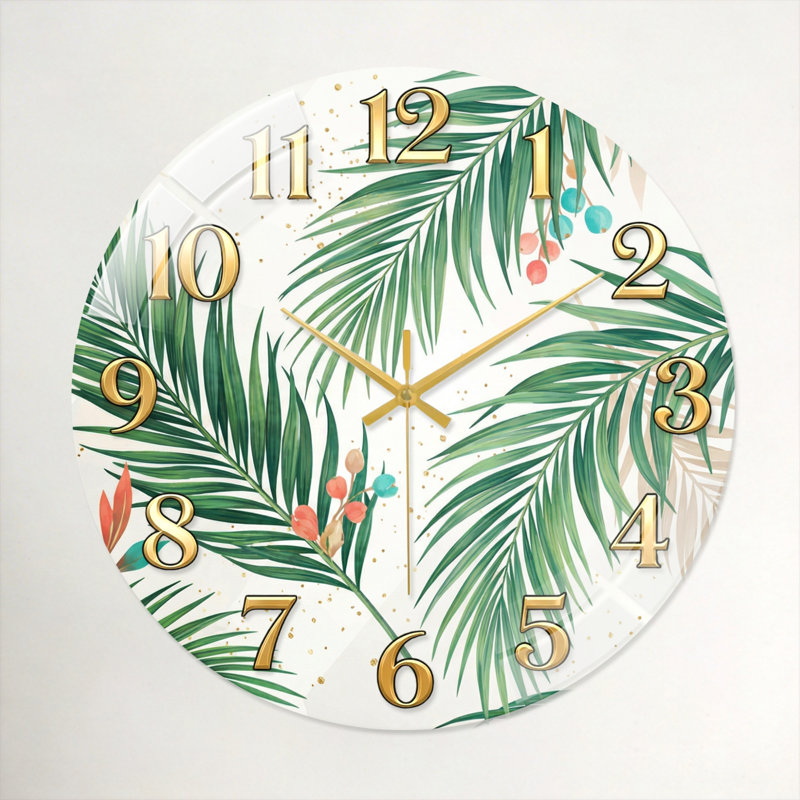 "Tropical Leaves", horloge murale en verre, 60 x 60 cm (23,6 x 23,6 pouces)