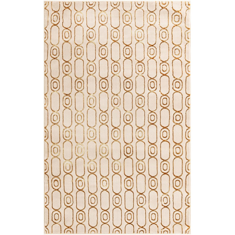 Tapis contemporain blanc et doré Vincente, Rectangle 5 pi 3 po x 8 pi