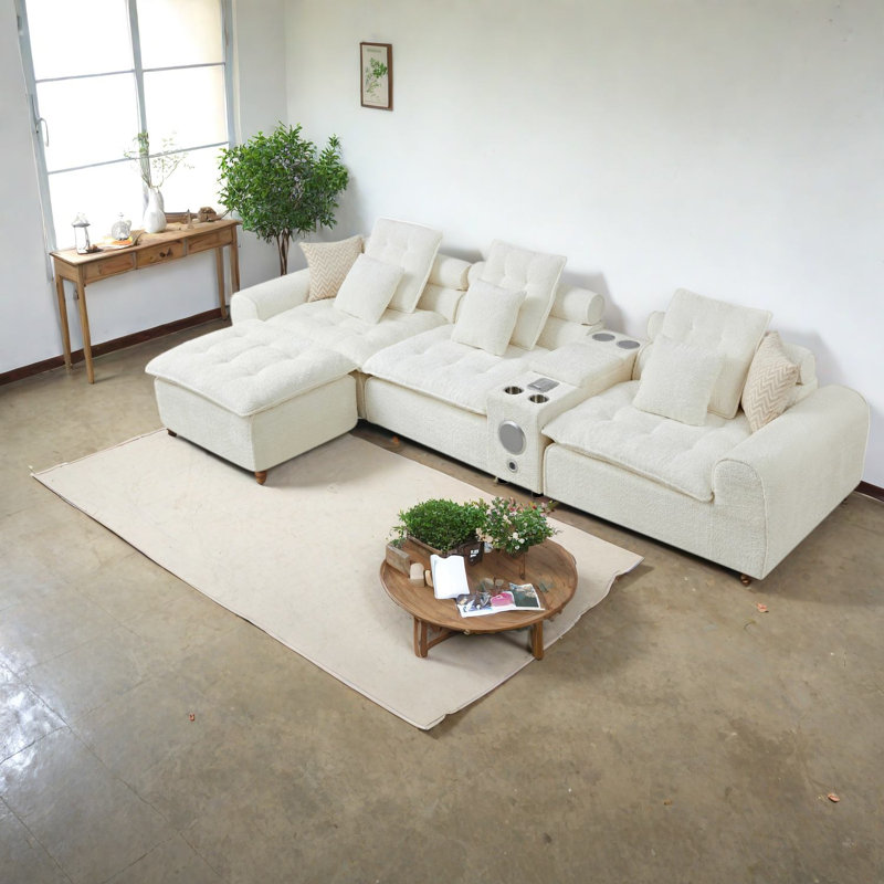 Grand canapé de coin avec rangement, canapé moderne en boucle blanche en forme de L pour la maison, Blanc