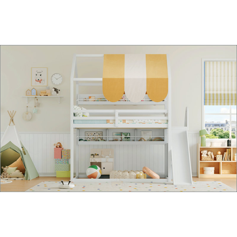 Lit superposé double avec baldaquin, glissoire et bibliothèque intégrée pour enfants et adolescents, blanc, Blanc