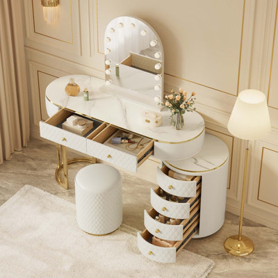 Luxury Makeup Vanity Desk With 3-Color LED Mirror & Stool, Adjustable Length Vanity Table With Movable Side Cabinet, 6 Drawers Storage, Marble-Look Sticker Top, PU Leather Drawers