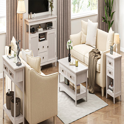 Boho Farmhouse Nightstand with 2 Rattan Drawers and Open Shelf - Grayish White