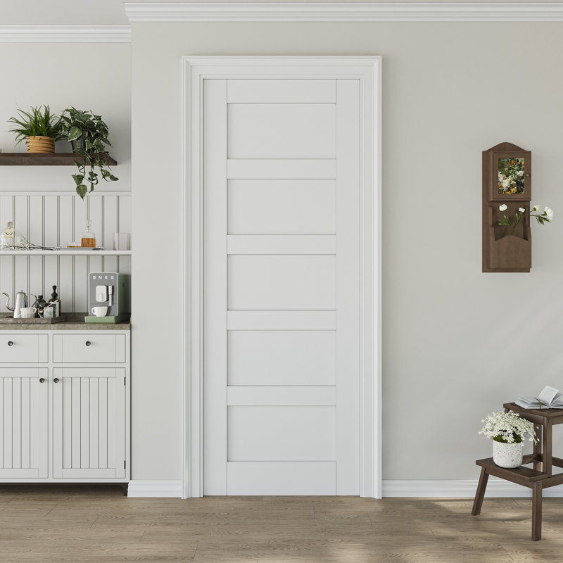 Primed Slab Door 5-Paneled Solid Core Wood Standard Door Without Hardware Kit, 24" x 80"
