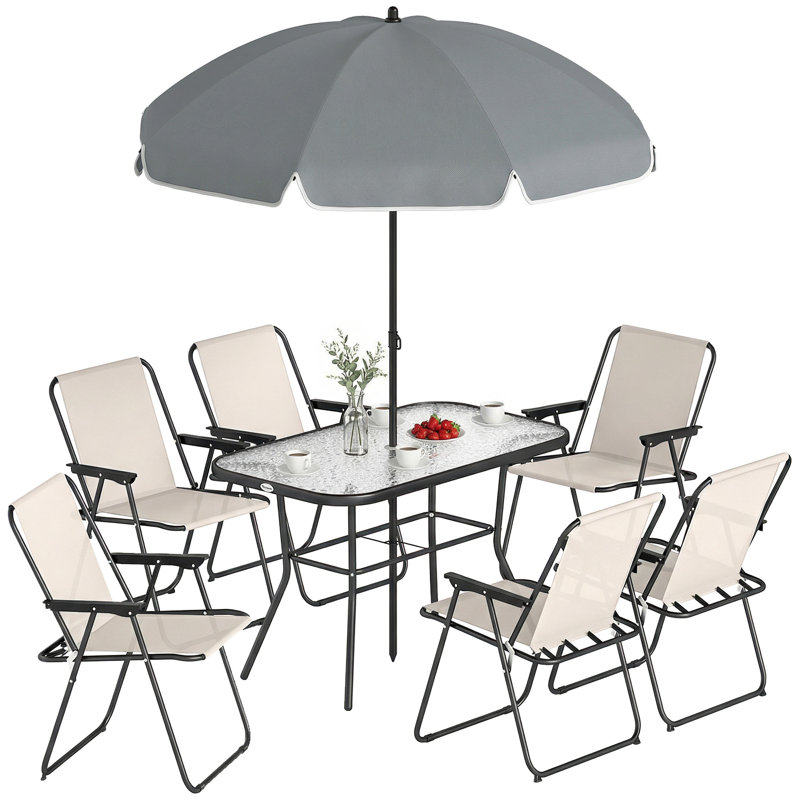 Outsunny 8 Piece Garden Dining Set with Parasol, 6 Folding Chairs,, Cream