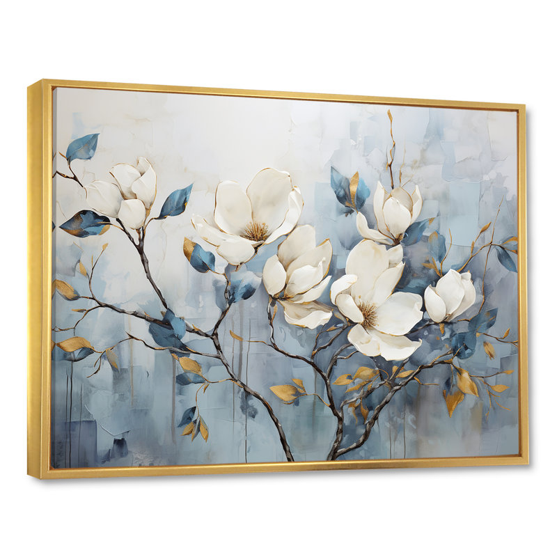 Elegant Magnolias Tranquility - art mural de salon Magnolias, H 30 po x l 40 po, Reproduction avec cadre flottant, Doré