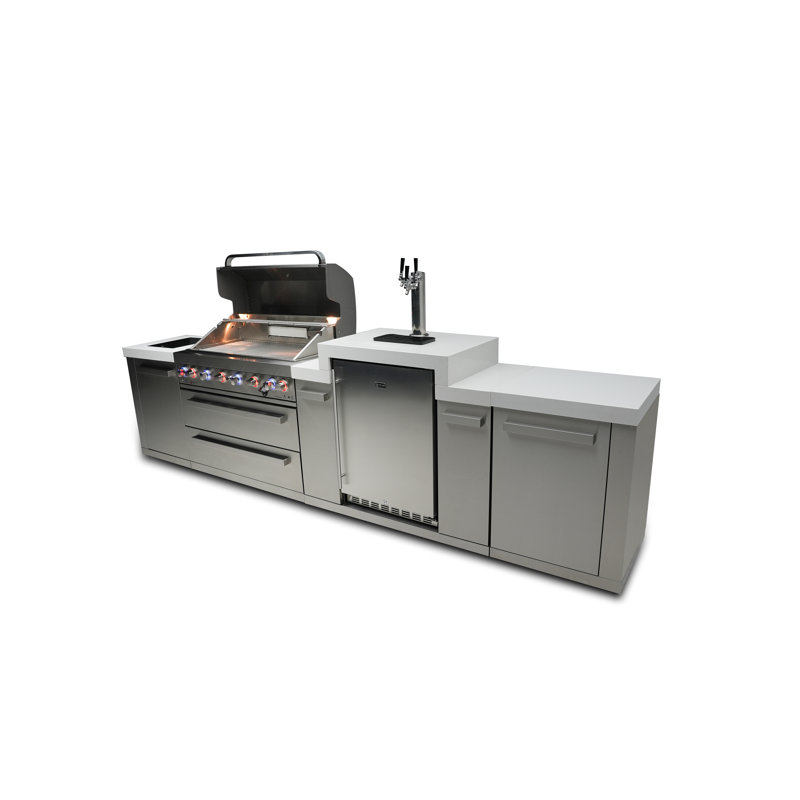 Mont Alpi 6-Burner Stainless Steel Outdoor Island Barbecue Grill + 3 Beer Tap Kegerator Refrigerator