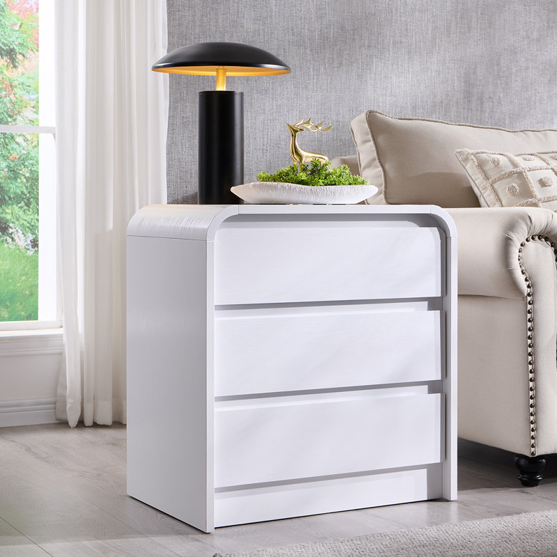  Maud 25" Tall Modern Nightstand with Charging Station, 23.6'' Wide Wood Bedside Table w/3 Storage Drawers, White