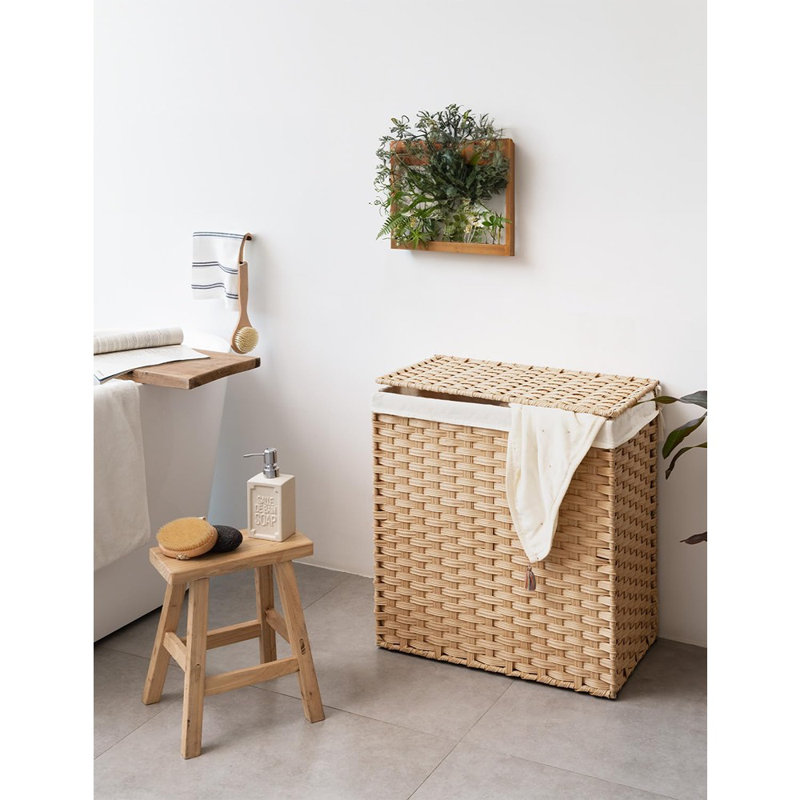Panier à linge en osier 110L avec couvercle - Panier à 2 compartiments pour les vêtements sales, avec doublure en lin lavable