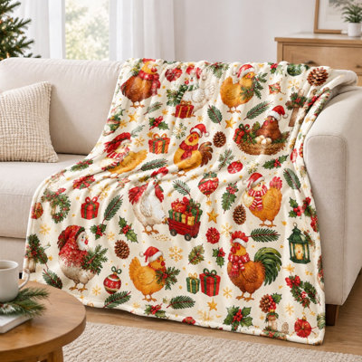 Couverture en flanelle à motif de poulet de Noël (1 pièce) – Réversible ; Festive et confortable ; Lavable à la machine ; Idéal pour la décoration intérieure, le sofa et le fauteuil ; Cadeau idéal pour se détendre pendant les fêtes ; Un accessoire hivernal unique. Articles de literie et de sofa
