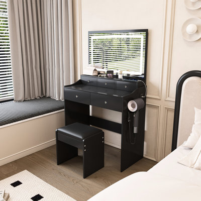 Black Vanity With Mirror, 3 Lighting Color Adjustments, Power Outlet, Hair Dryer Holder And 5 Drawers For Bedroom Skincare Routines New Large Dressing Table Modes, Makeup Hairstyling
