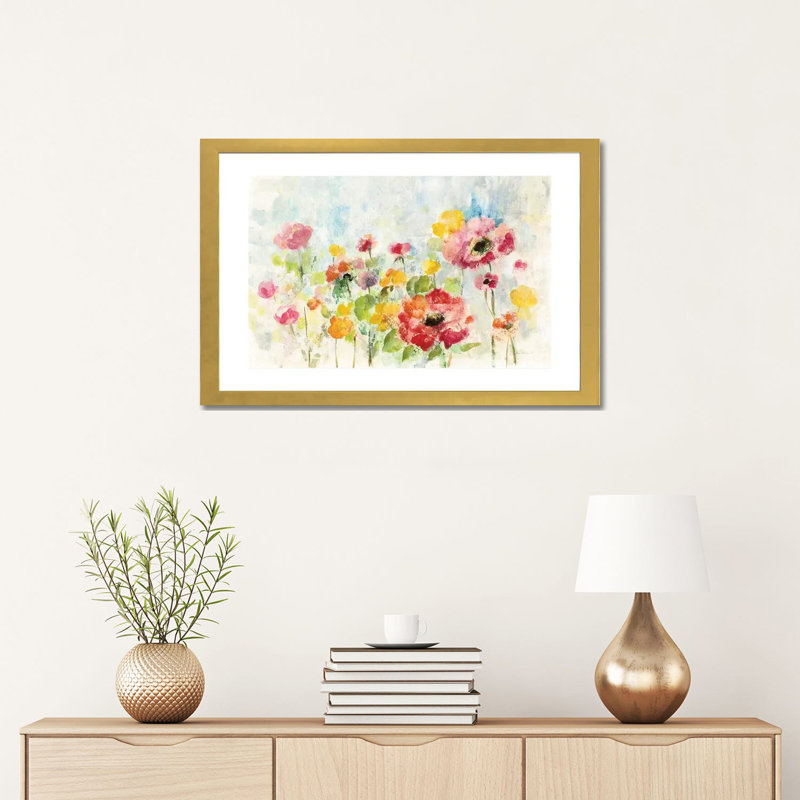 «Summer Rain Floral» par Silvia Vassileva - reproduction d'art, Gold Paper, Blanc, H 16 po x l 24 po x P 1 po