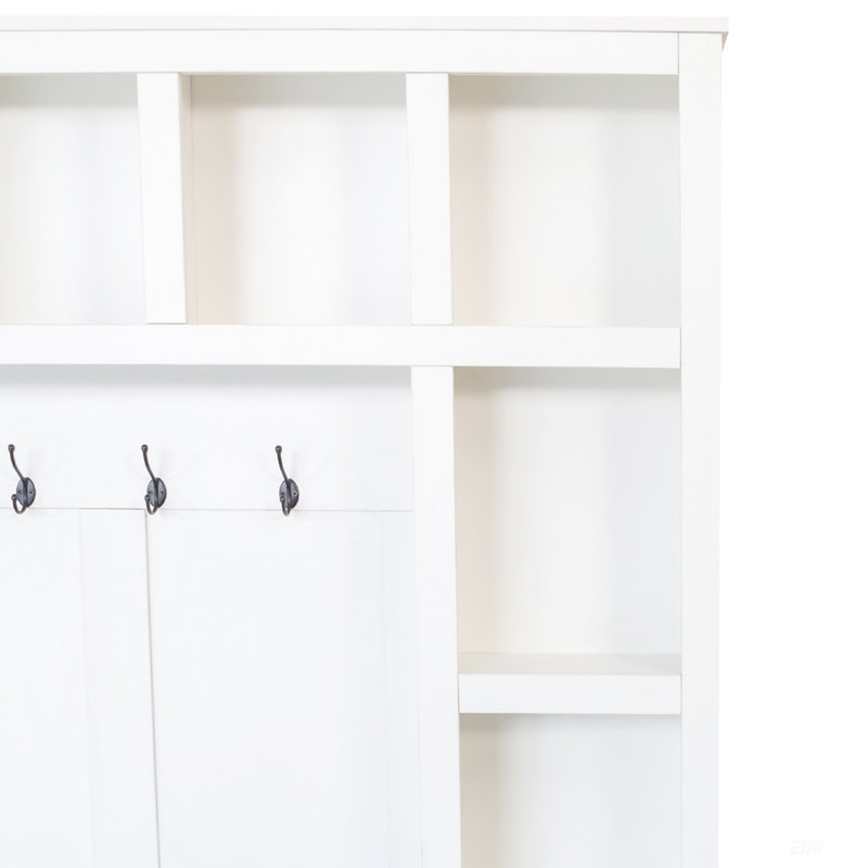 Farmhouse Wooden Style Hall Tree With 6 Hooks, Practical Walnut Storage Bench, 4-In-1 Entryway Organizer, White/Walnut