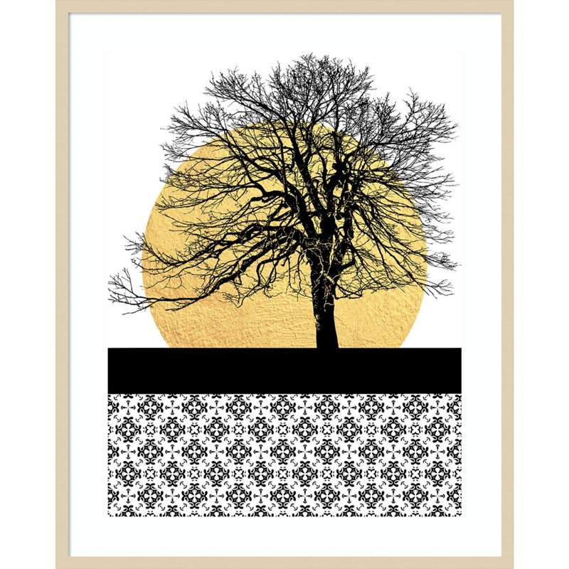 Yellow Moon Rising I Abstract Nature Lithograph with Brown Wood Frame