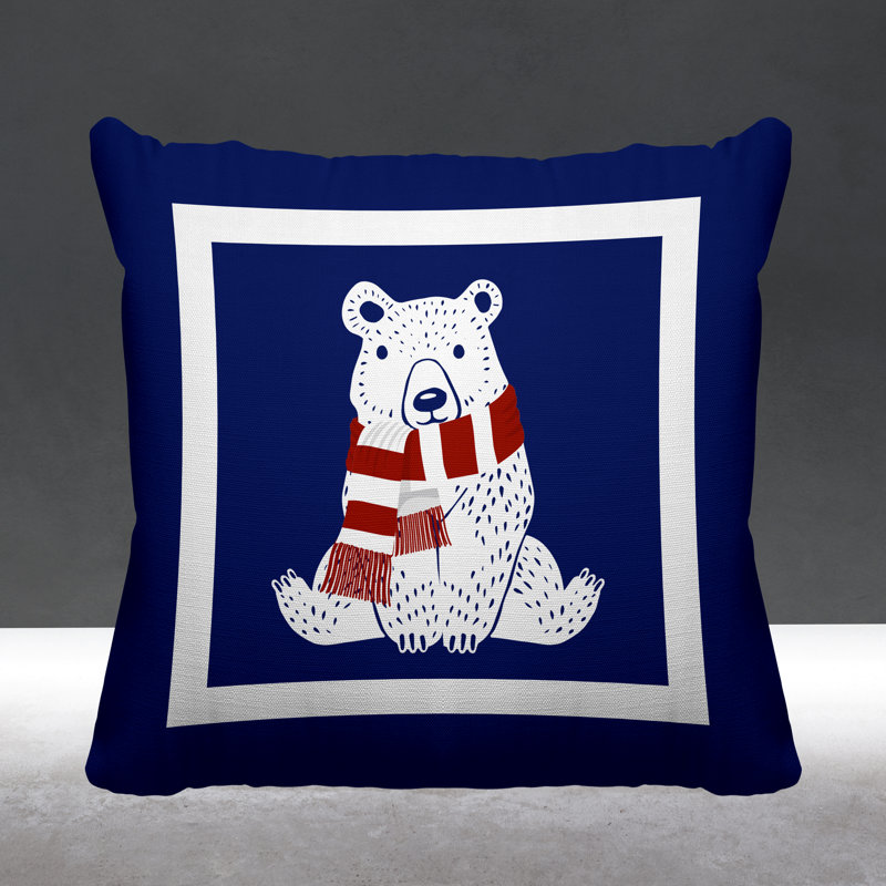 Coussin intérieur / extérieur Folk Christmas Bear, L 17 po x H 17 po, Bleu marine